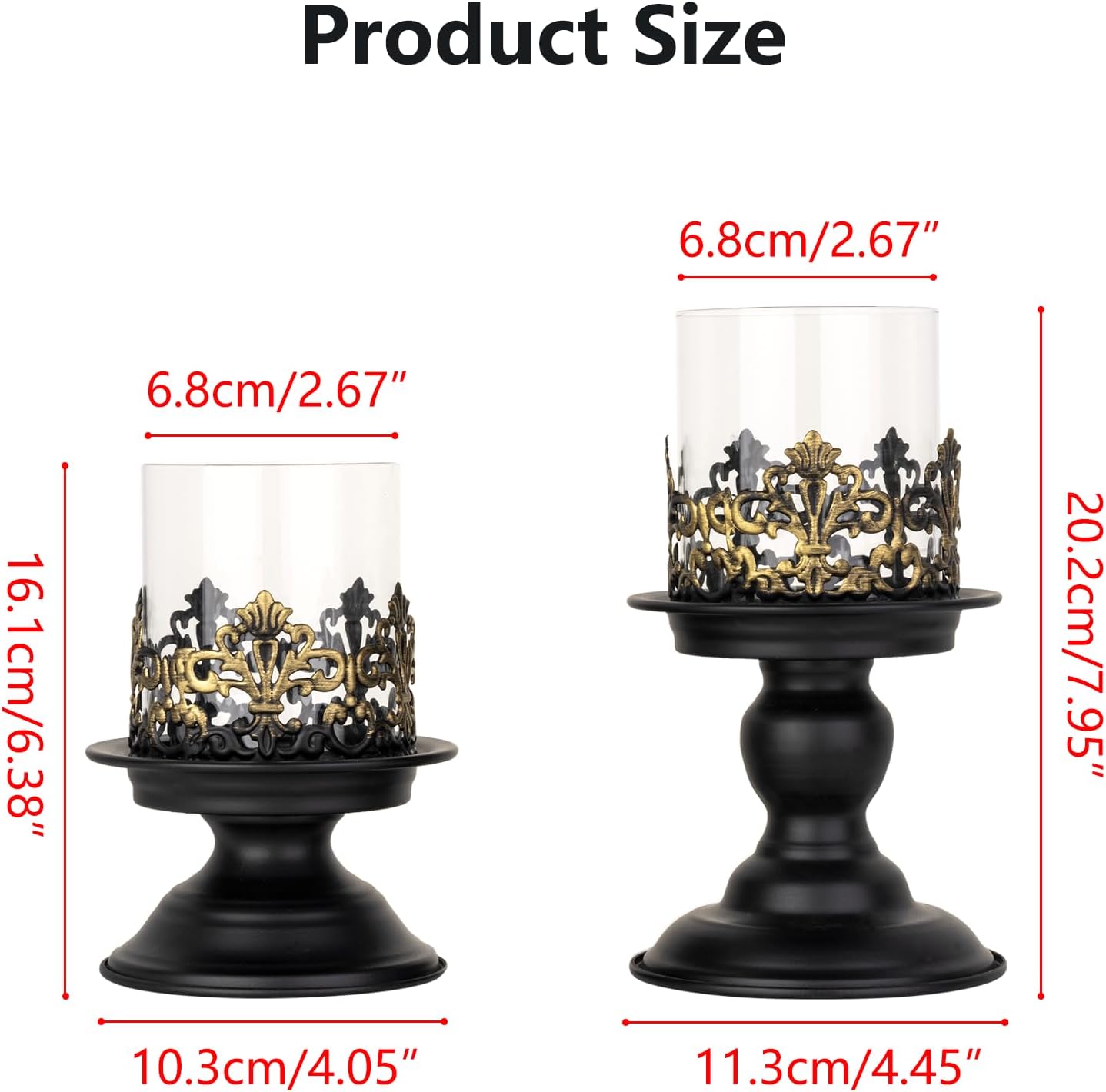 Gothic Hurricane Candle Holders, Black Metal with Glass Sleeve, Set of 2 Decorative Pillar Holders, 5.9 and 7.9 Inch Height, 4 Inch Diameter
