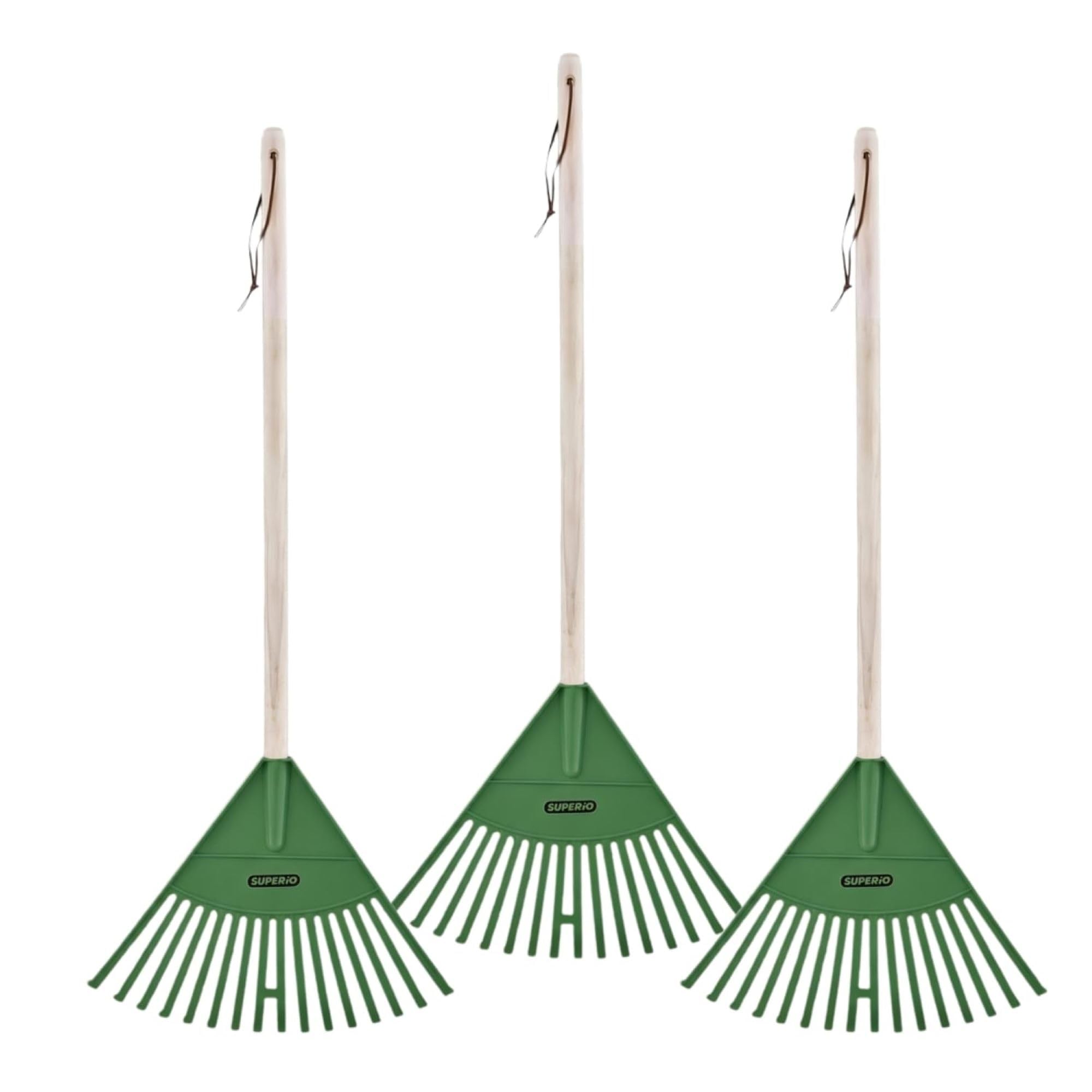 Superio Kids Leaf Rake, 34-Inch Gardening &amp; Lawn Care Tool with Hardwood Handle and Durable Plastic Tines for Leaf Cleanup &amp; Garden Maintenance, Green 3 Pack