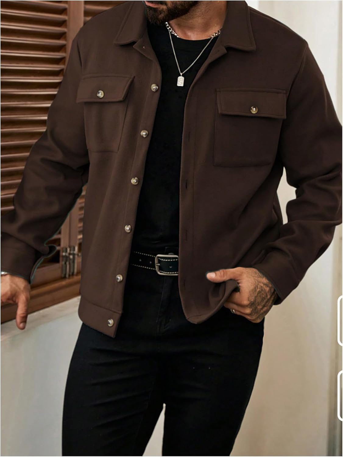 OYOANGLE Men's Long Sleeve Button Up Jacket Collared Neck Fall Shacket Coats Outerwear - Image 4