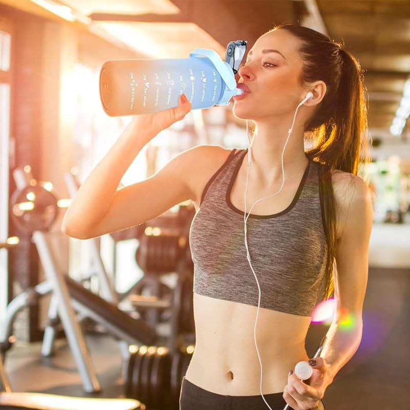 Image of MOTIVATIONAL 3-Pcs (2000ML-900ML-300ML) Water Bottle with Straw & Time Marker | Leak-Proof Sports Bottle for Gym, Office, School | Break-Resistant Silicone Bottle for Daily Hydration (Green)