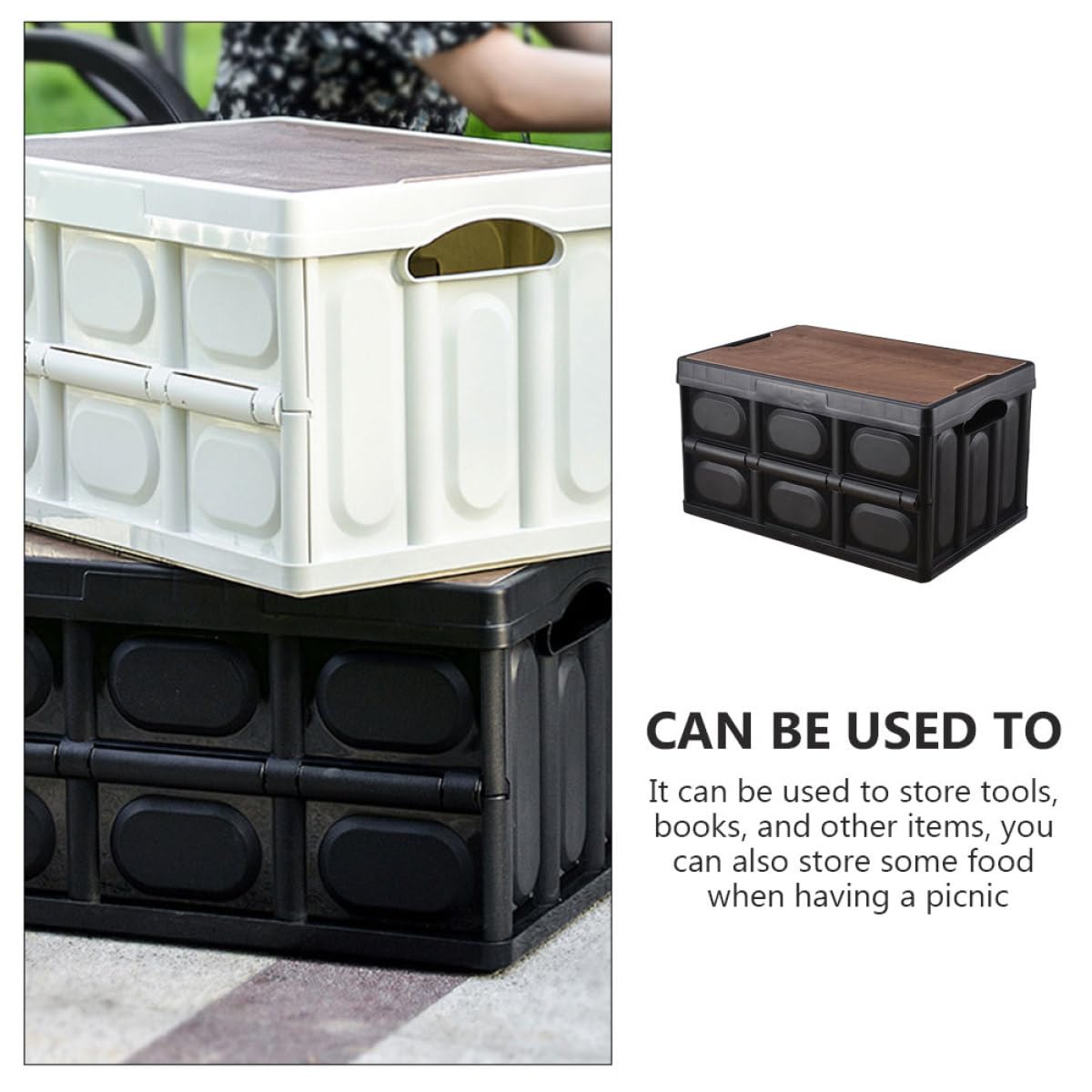 Kofferraum Organizer Faltbare Aufbewahrungsbox mit Holzdeckel Robuste Kunststoffbox 30l Volumen Multifunktionale Aufbewahrungsorganizer mit Fächern für Fahrzeug und Picknick