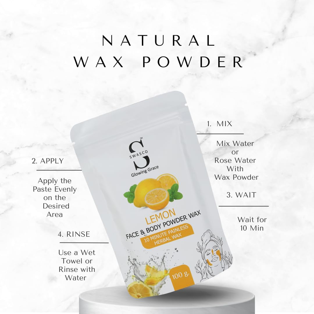 SWASCO Wax Powder for Hair Removal | Herbal Wax with Lemon & Multani Mitti 100g | Painless, 10-Minute Chemical-Free Waxing for Face, Body, Bikini, Underarms & Legs|For All Skin Types of Women & Men 3