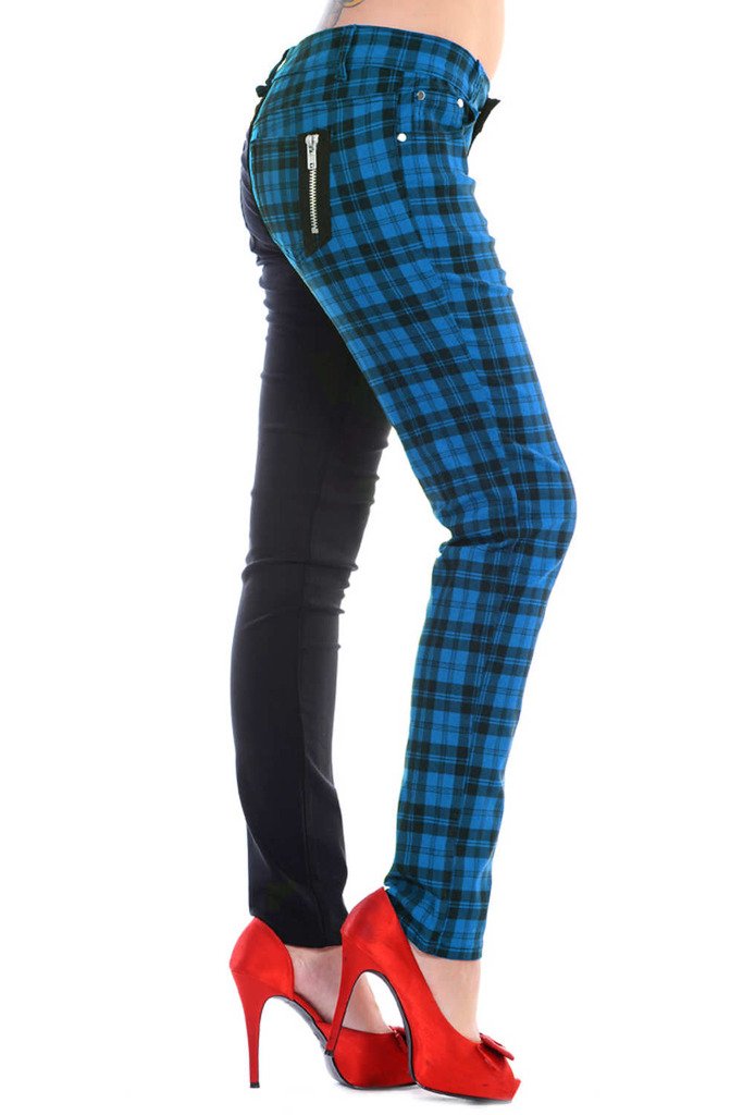 Banned Womens Blue Half Tartan Plaid Check Emo Punk Split Leg Skinny Trousers (36W)