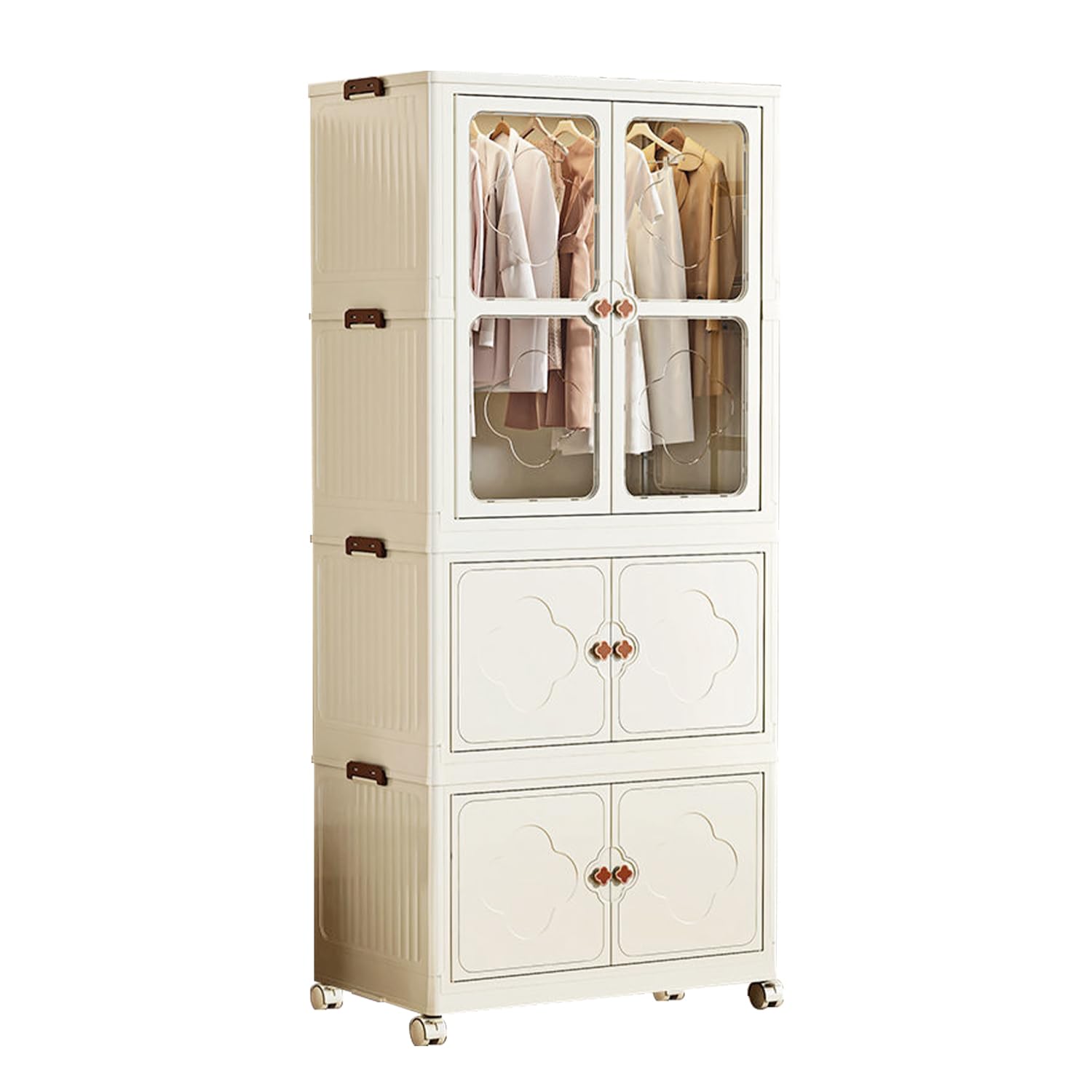 Armadio per vestiti, Sistema di Bloccaggio a Clip, ruote, Beige Chiaro (Ogni strato supporta 15 kg, Armadio a 2 scomparti da 75 cm, Guarda-Roba con 1 appendiabiti, 75 * 45 * 167 cm)
