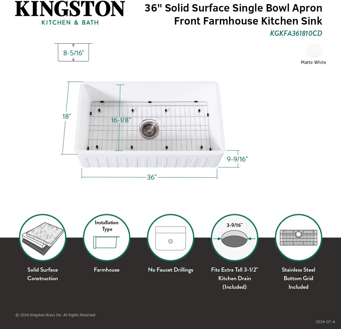 Gourmetier KGKFA361810CD 36-Inch x 18-Inch Single Bowl Apron-Front Farmhouse Kitchen Sink with Drain, Matte White/Brushed