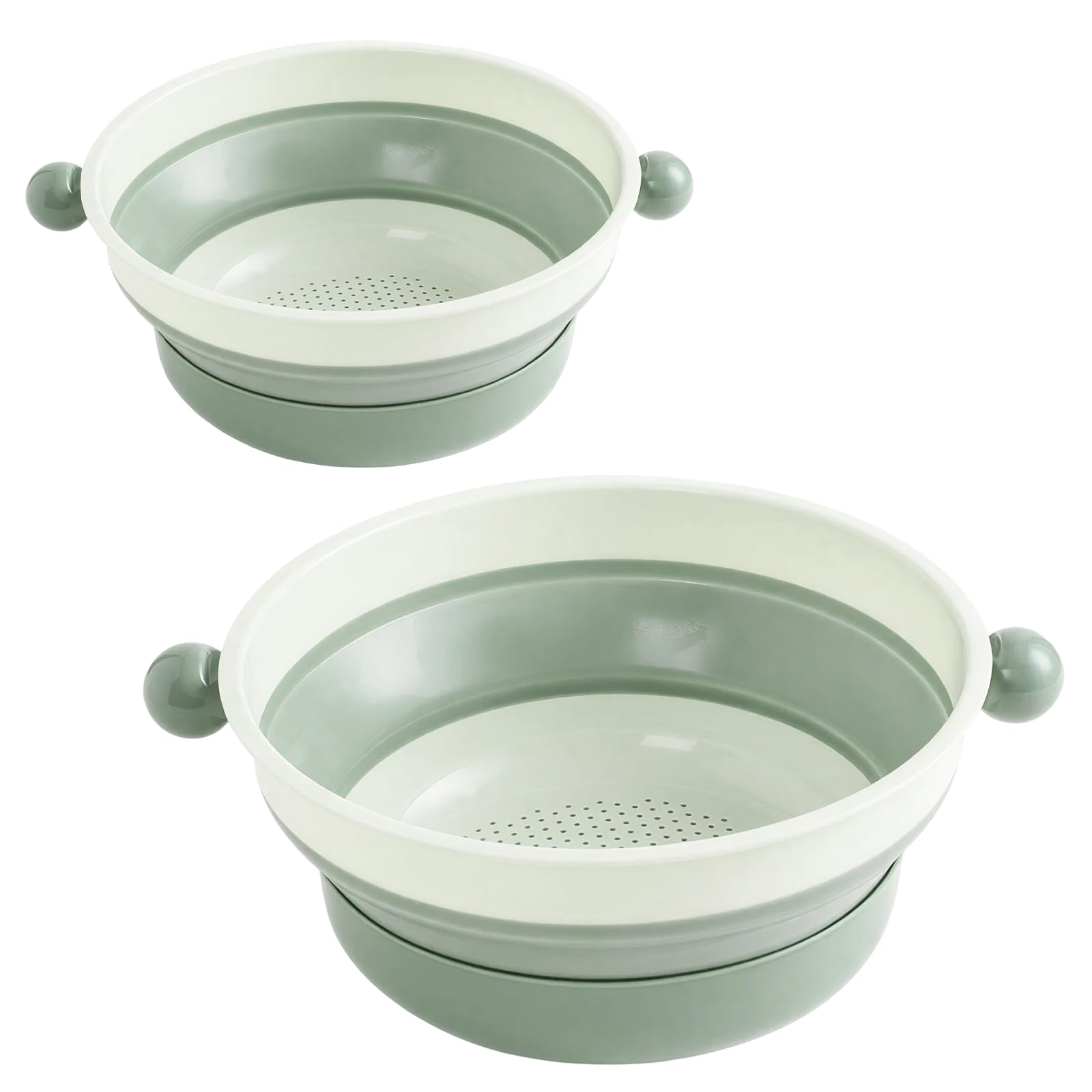 2 Pcs Green Collapsible Colander, Foldable Strainer with Handle & Base, Space Saving Colander Plastic for Fruit & Vegetable Draining, Bowl Food Strainer for Home & Camping Use (Small+Large)