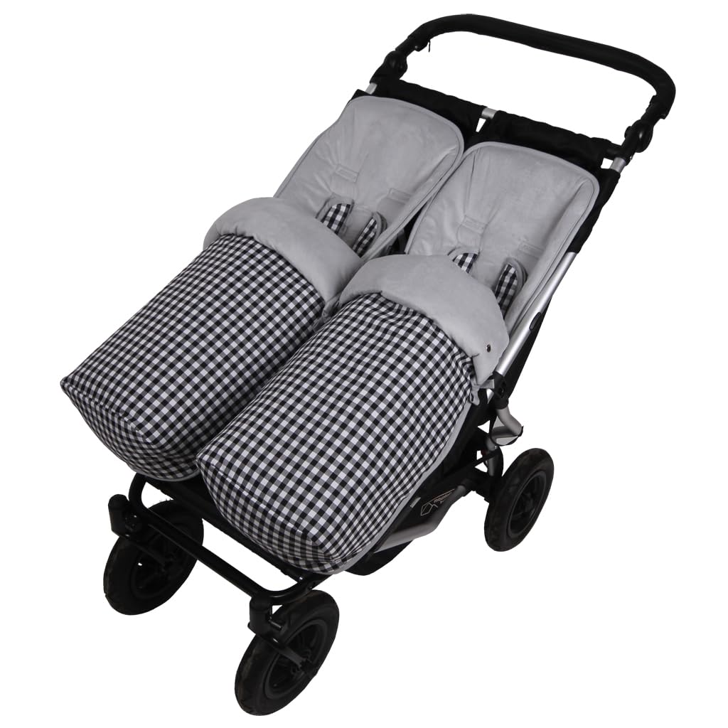 Conjunto 2ud. Saco Silla Invierno para Baby Monster Easy Twin 4 | Gemelar | Desmontable con cremallera | Convertible en Colchoneta| Polar Suave | VICHY NEGRO y Polar Gris