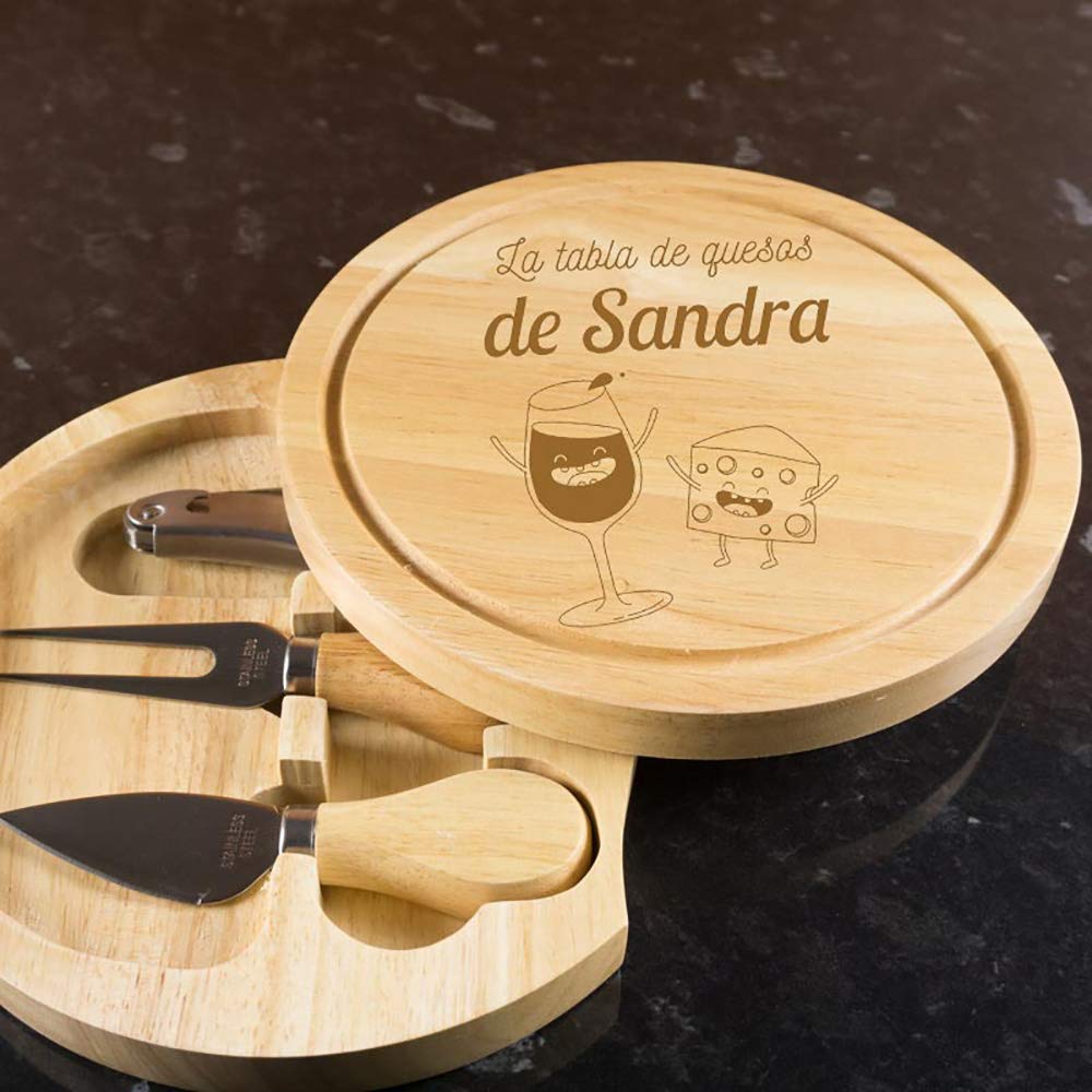 Regalo personalizado: tabla de quesos grabada con motivos divertidos y el texto que tú quieras