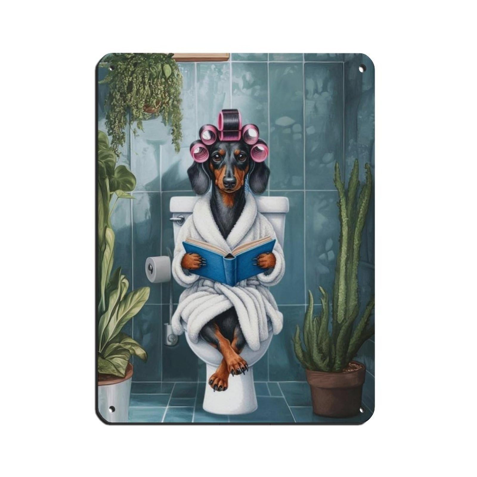 Dachshund on Toilet Bathroom Art Retro Poster Metal Tin Sign Chic Art Retro Iron Painting Bar People Cave Cafe Family Garage Poster Wall Decoration 12x16inch(30x40cm)