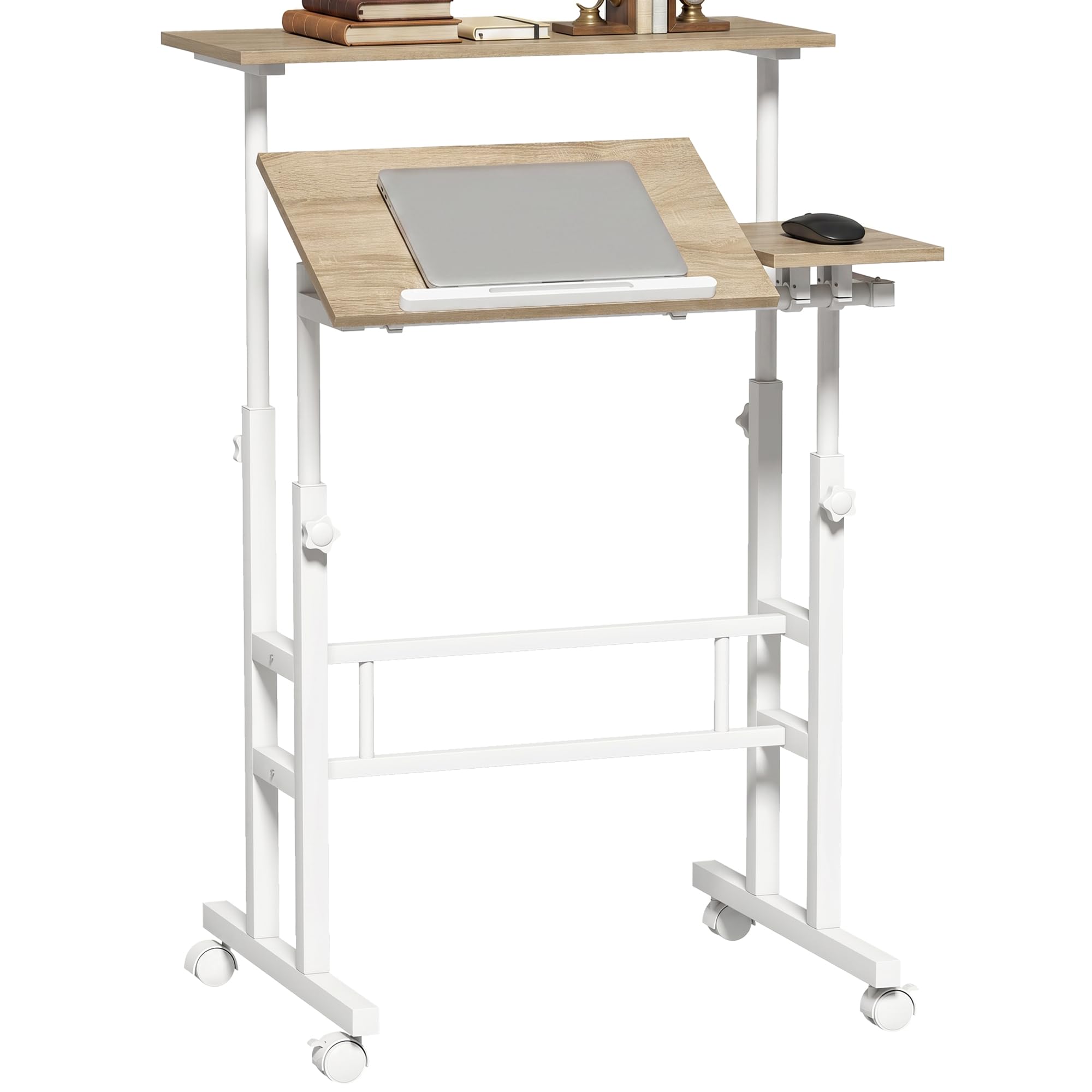 HOMCOM Scrivania sit-stand regolabile in altezza 70x60cm Bianco | Scrivania per computer su ruote, vassoio inclinabile, postazione di lavoro per camera da letto, piccoli spazi