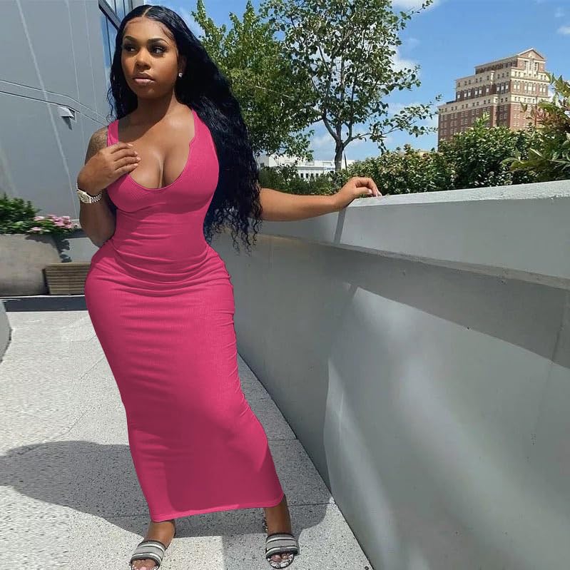 Image of Nimsruc Women Casual Sexy Deep U Neck Tank Top Bodycon Dress Summer Sleeveless Wrap Long Basic Party Club Maxi Dresses