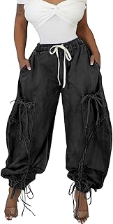 Women Baggy Barrel Jeans High Waisted Y2k Drawstring Bow Tie Cargo Jean Retro Wide Leg Ankle Denim Joggers