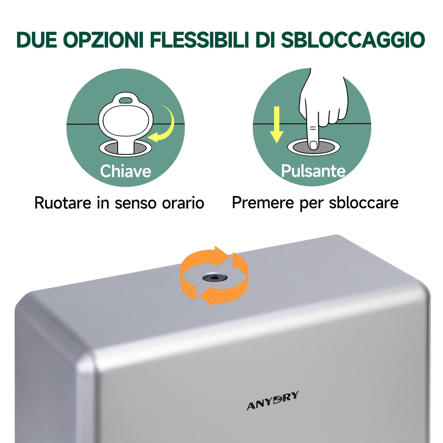anydry Dispenser Asciugamani di Carta a Parete, Piega H3/V/ZZ, Dimensioni Da Piegato Max 25,2 x 11,5 cm, Modello 5302H, Argento