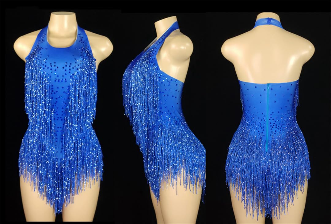 Body sexy con flecos de cristales brillantes y borlas, traje de baile de jazz, ropa de una pieza para escenario