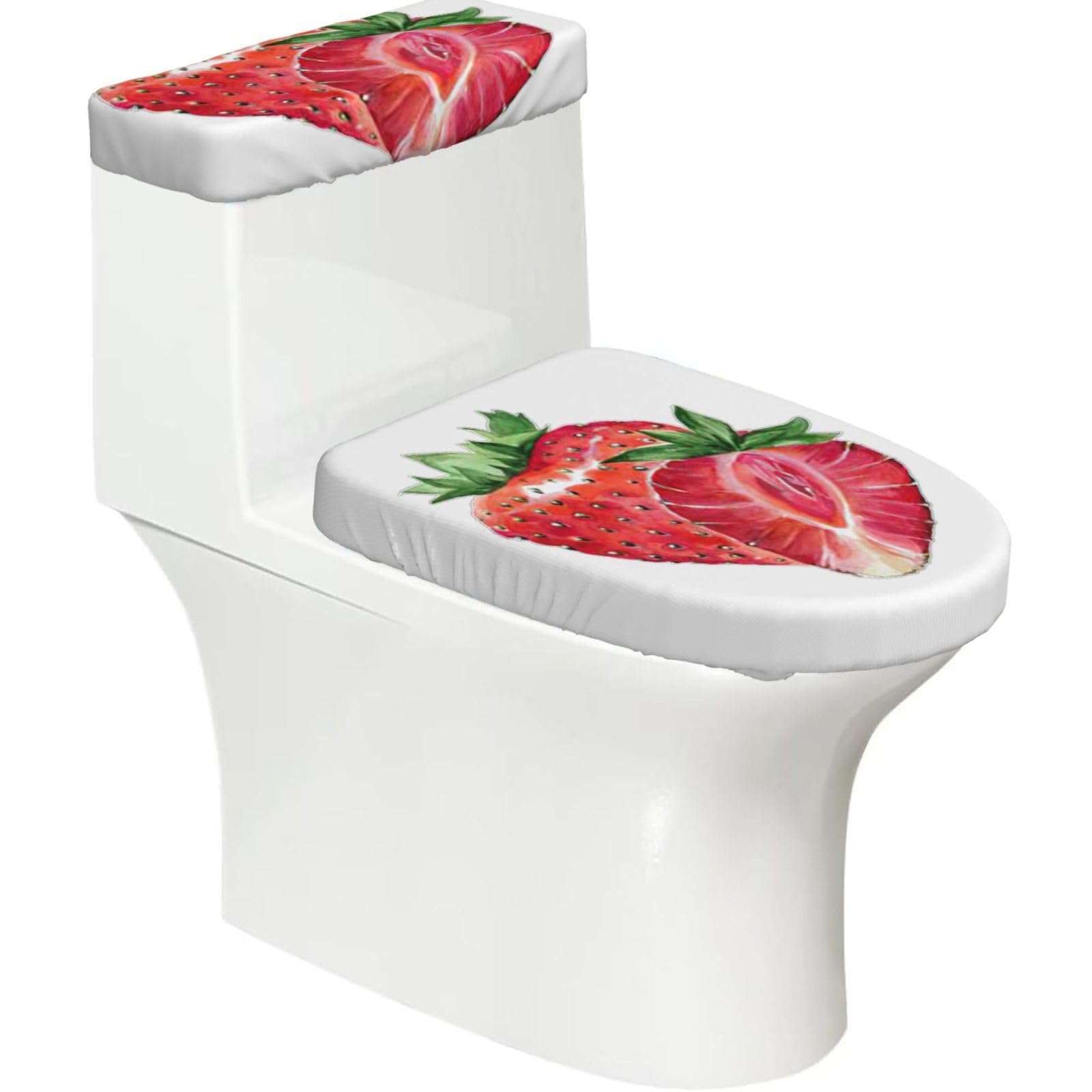 Strawberry Print 2-Piece Stretch Toilet Cover Set, Elastic Breathable Toilet Seat and Tank Lid Protector