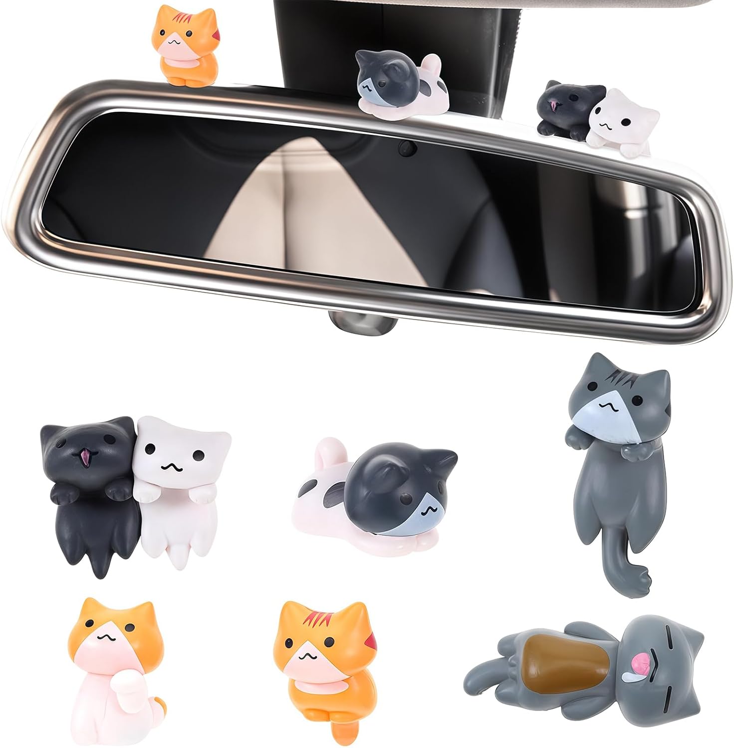 FloralGrace 6 Piece Sweet Cat Car Accessories Fun Resin Cat Figures Dashboard Decorations, Rearview Mirror Cute Kitten Figure Decorative Car Interior Decor