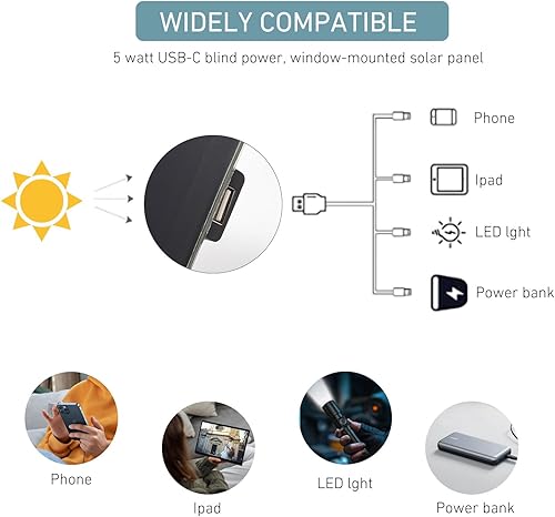 Miniatura 5 de Cargador de panel solar USB-C de 5 V y 5 W para persianas motorizadas, cargador solar resistente a la intemperie compatible con motores ciegos,
