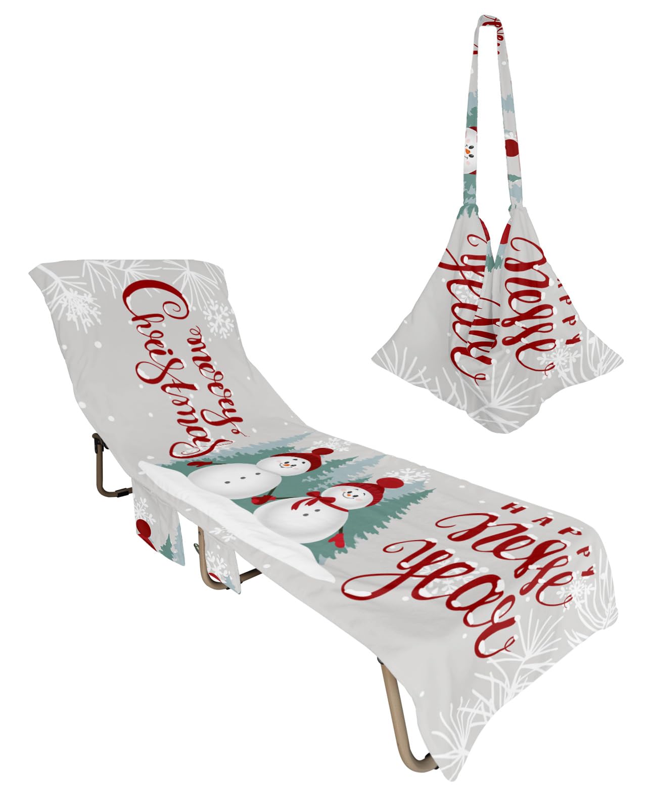 Grey Christmas Snowman Beach Lounge Chair Towel Cover, Soft Chaise Lounge Towel with Side Pockets Patio Pool Chairs Cover for Beach/Pool Sunbathing 29x85 Xmas Tree Winter Snowflake
