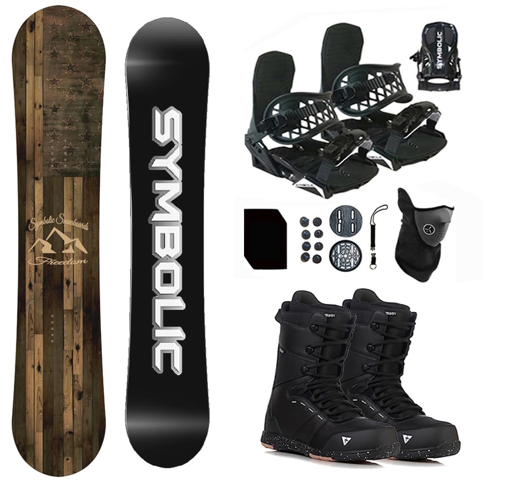 Symbolic Freedom Flag Airtracks Men Snowboard & Bindings & Boots & Leash & Stomp & Gaiter Complete System Package (155cm Hybrid Rocker Board, 9.5 Men(Eu42.5) GRVTY+BLK Binding)