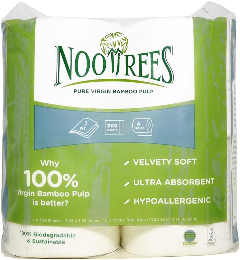 NooTrees Bamboo Toilet Tissue, Tree Free, Biodegradable, Sustainable, Renewable and FSC Certified 3-ply Toilet Paper 300 Sheets, 4 Rolls, 1-Pack