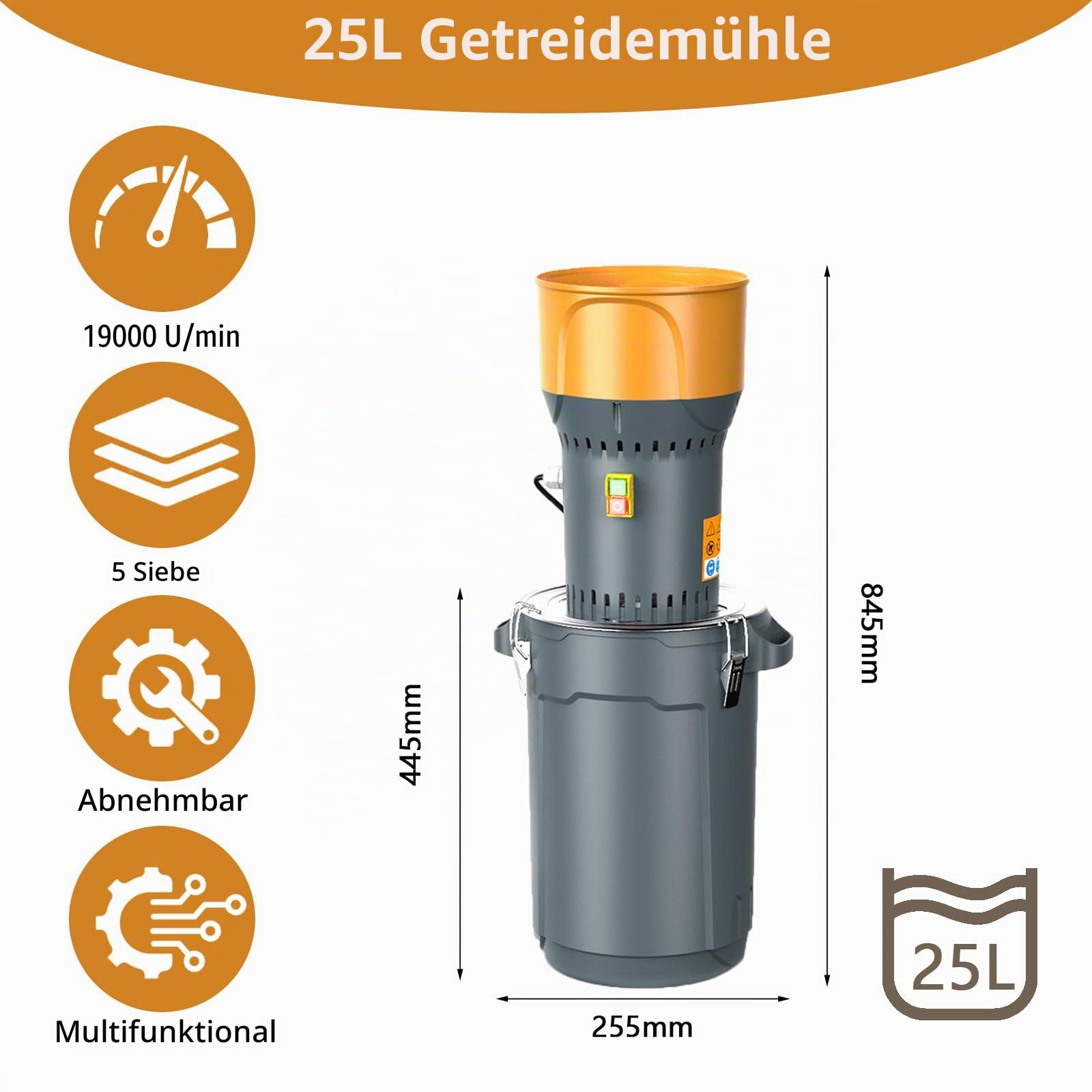 Elektrische Getreidemühle 1300W, 25L Maismühle Maschine mit 5 Feinheitssieben, abnehmbarem Trichter & Eimer, Futter-/Getreidemühle Crusher für Haus und Bauernhof