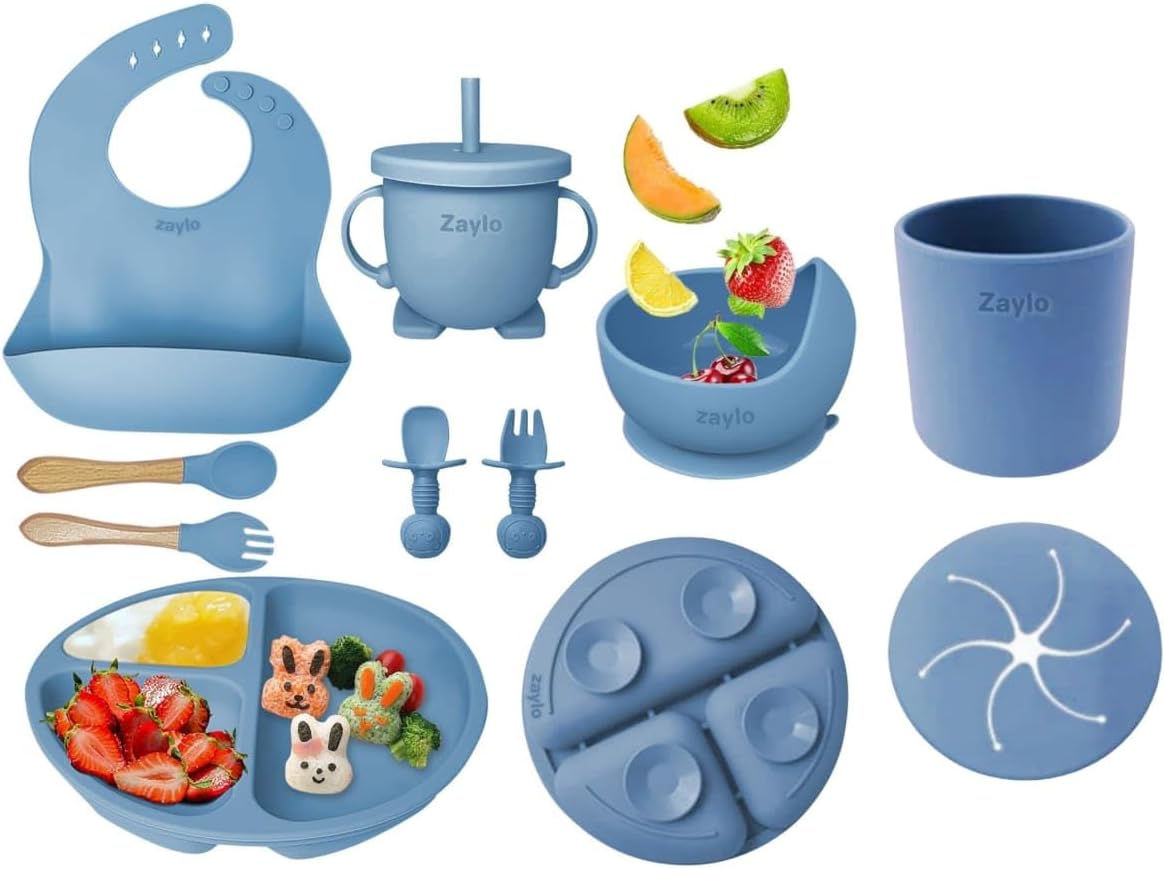 Silicone Baby Feeding Set, Baby Led Weaning Supplies with Suction Bowl Divided Plate, Toddler Self Feeding Dish Set with Spoons Forks Sippy Cup Adjustable Bib, Baby Eating Utensils(10 Pieces)