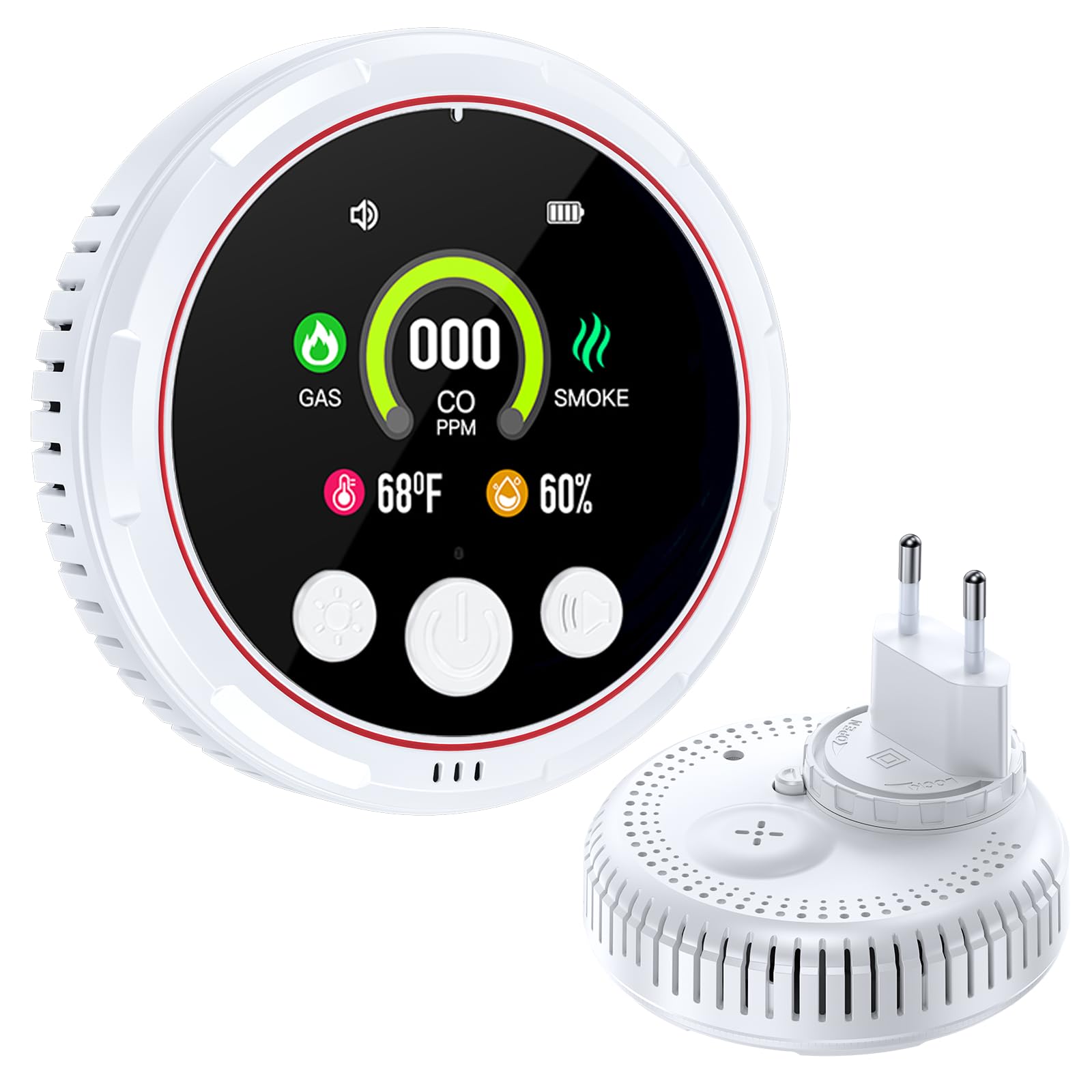 Detecteur Monoxyde Carbone 5 en 1, Detecteur de Fumée et Detecteur de Gaz avec Grand écran et Batterie de Secours, Adapté pour la Maison, la Cuisine, Le Camping-Car, l'appartement (Blanc, 1 Paquet)