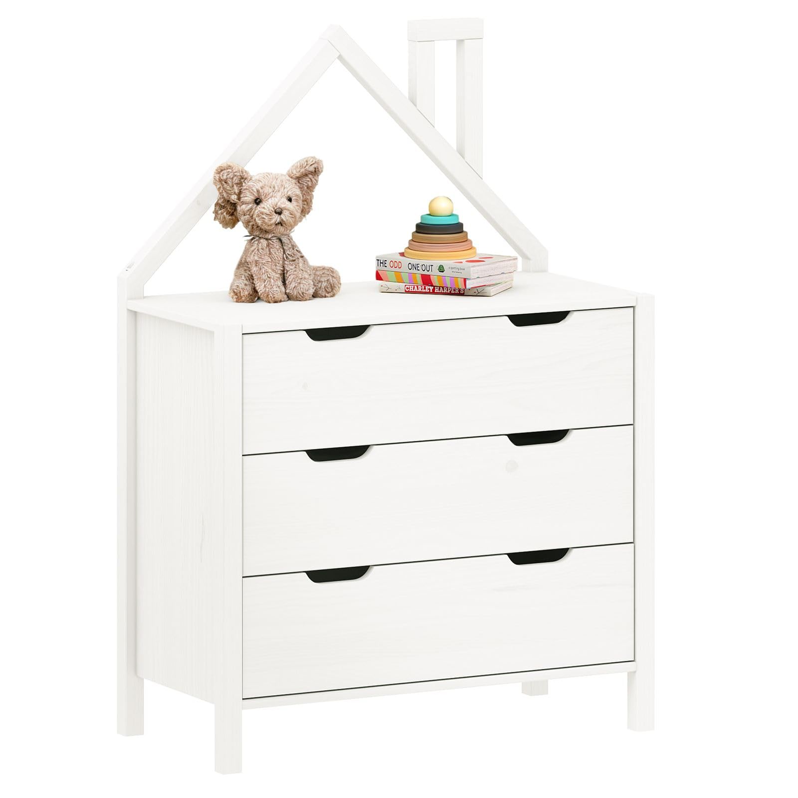 IDIMEX Kommode ELANO in Hausform - Weiß, massives Kiefernholz, 3 große Schubladen, Kinderzimmer Aufbewahrung, Kleiderschrank, Kinderzimmer möbel, Schubladenkommode