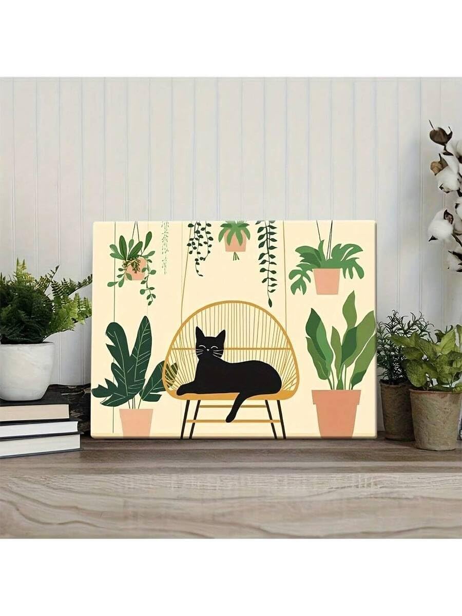 lianyibo 1 szt. Nowoczesny czarny kot i zielone rośliny płótno sztuka ścienna przytulny kot wylegiwanie się na krześle plakat nadruk wystrój domu (70 x 110 cm/rama wewnętrzna)
