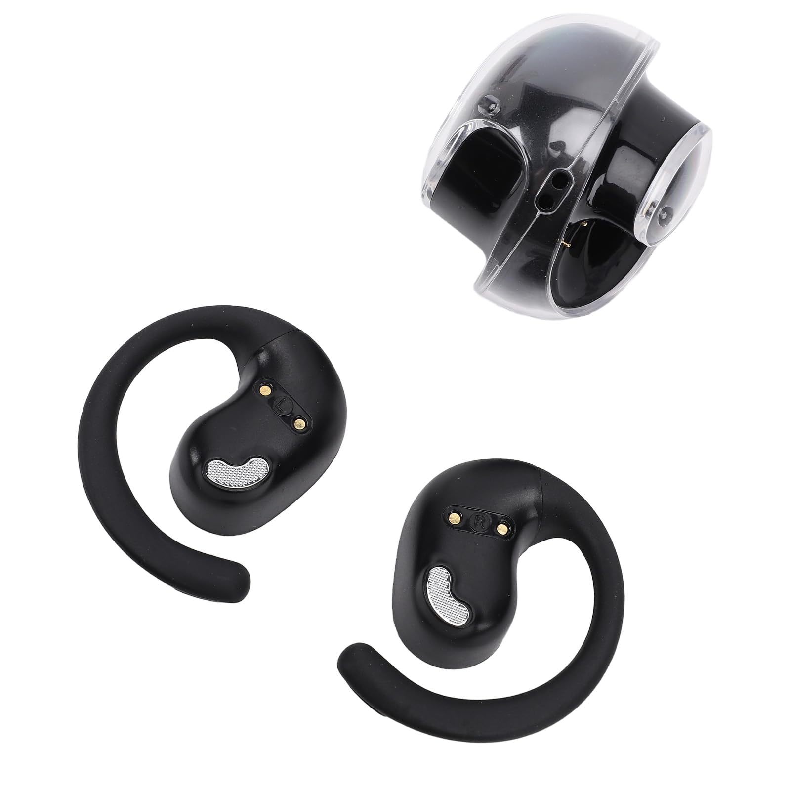 Z góry na dół view of the MENDUNER Earbud Translator, showing the two black earbuds with ear hooks and the transparent charging case.