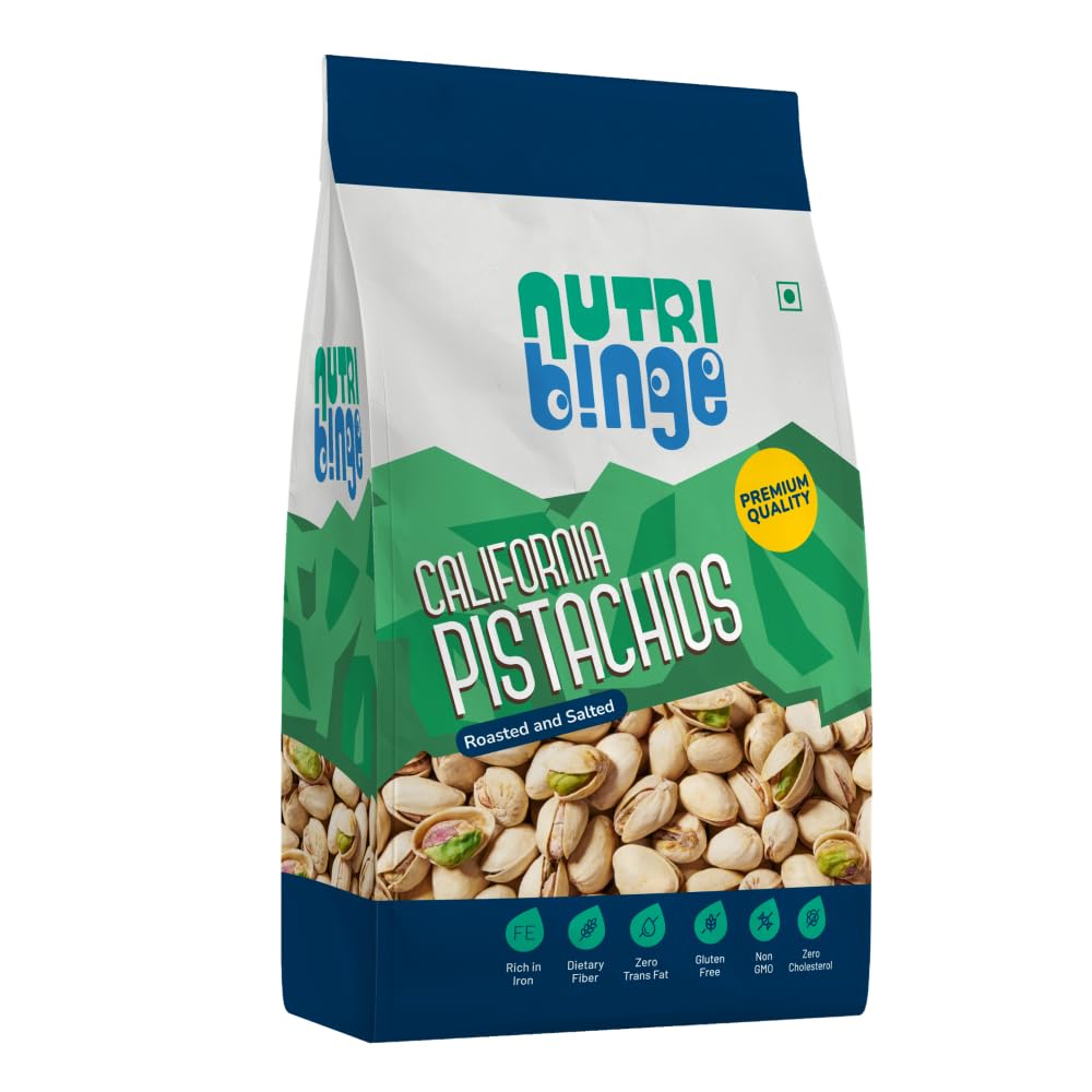 NUTRI BINGE Premium California Roasted & Salted Pistachios | 500 g | Pista Dry Fruit | Resealable Pack | Rich in Protein & Fibre | Boost Immunity | Gluten Free