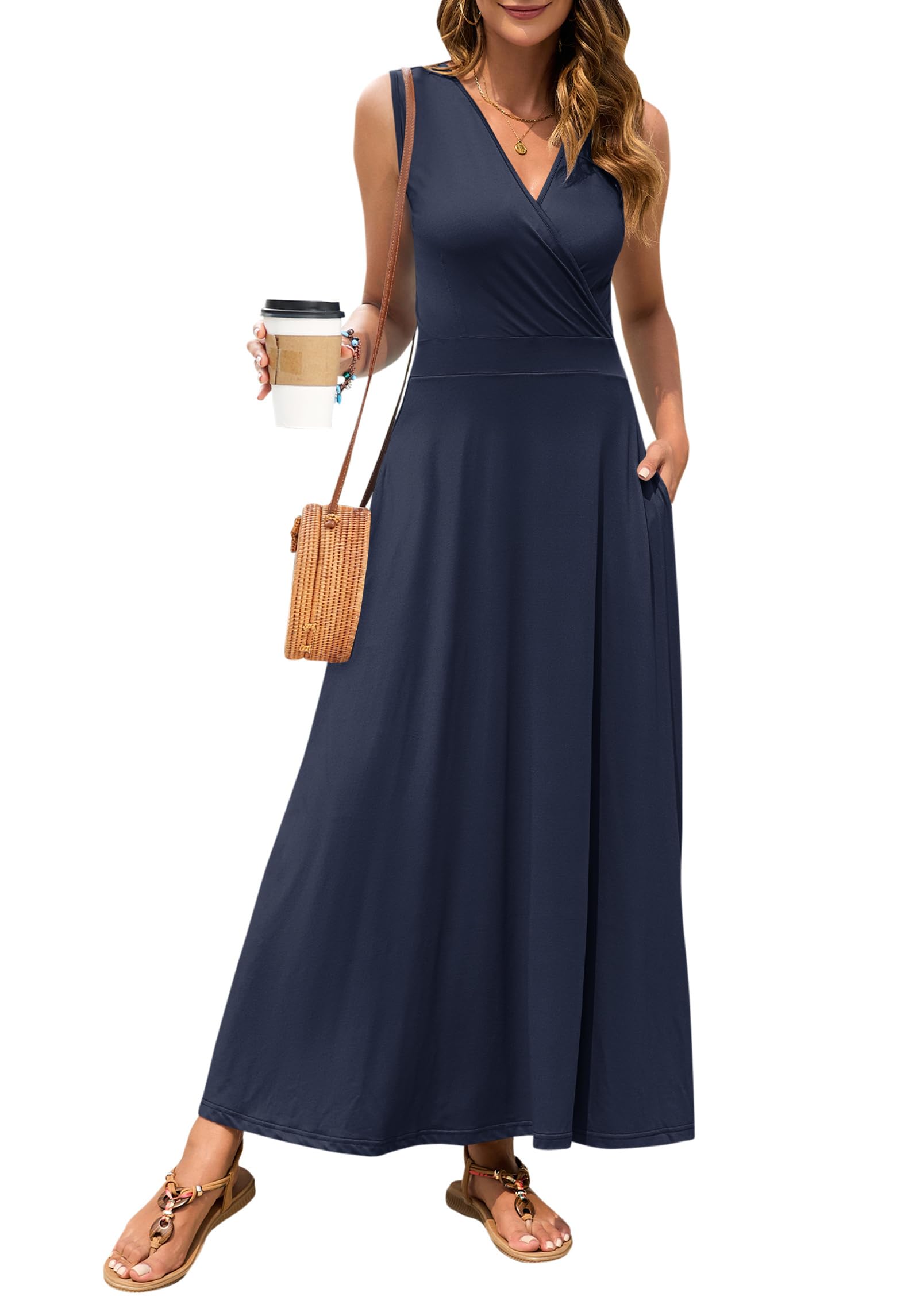 MISFAY Women Maxi Dress 2026 Summer Casual Sleeveless Sundress Wrap V Neck Long Dresses Vacation Loose Dress with Pockets