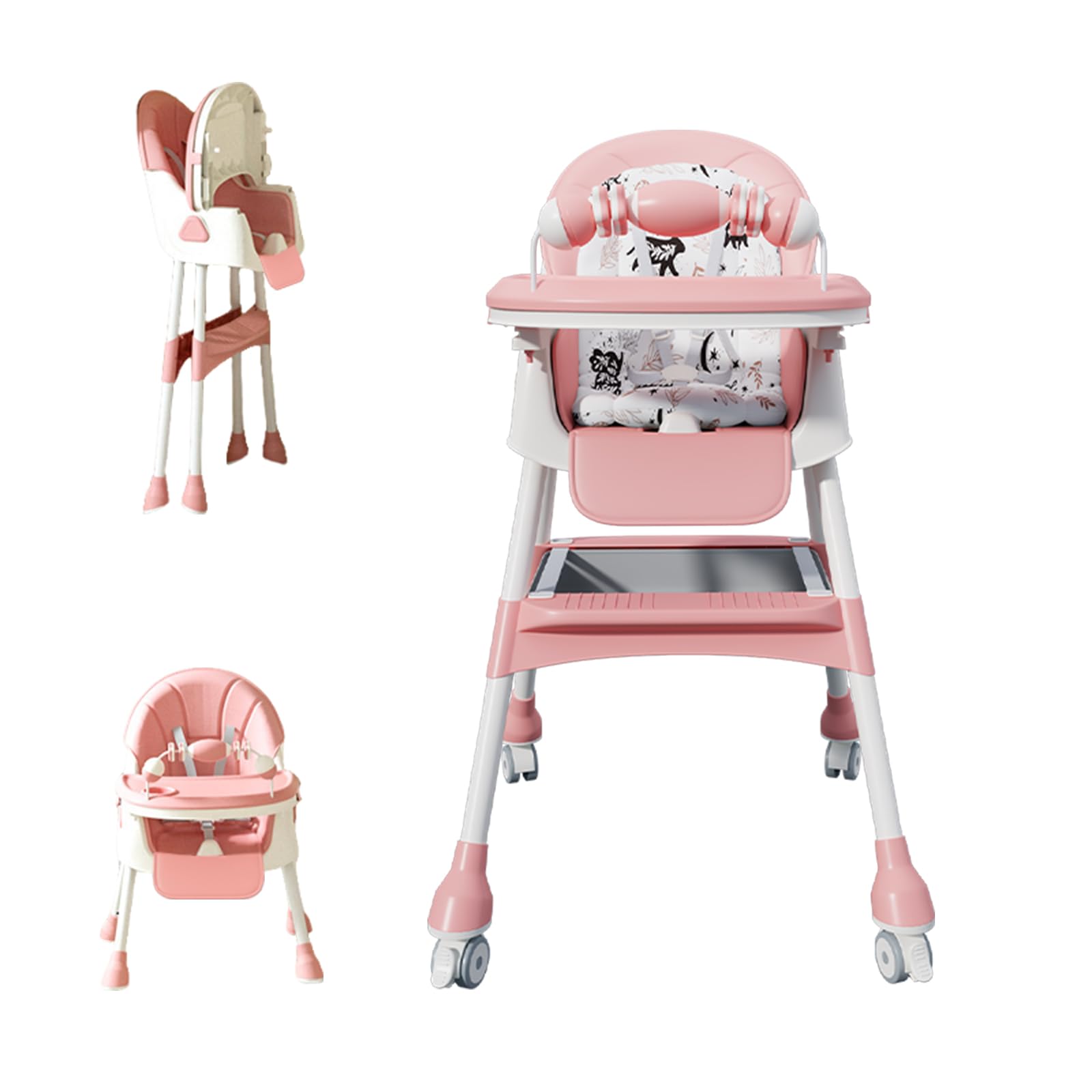 4-in-1 Baby High Chair for Babies & Toddlers, Foldable High Chair with Detachable PU Cushion, Removable Tray, Adjustable Height, Locking Wheels,Pink