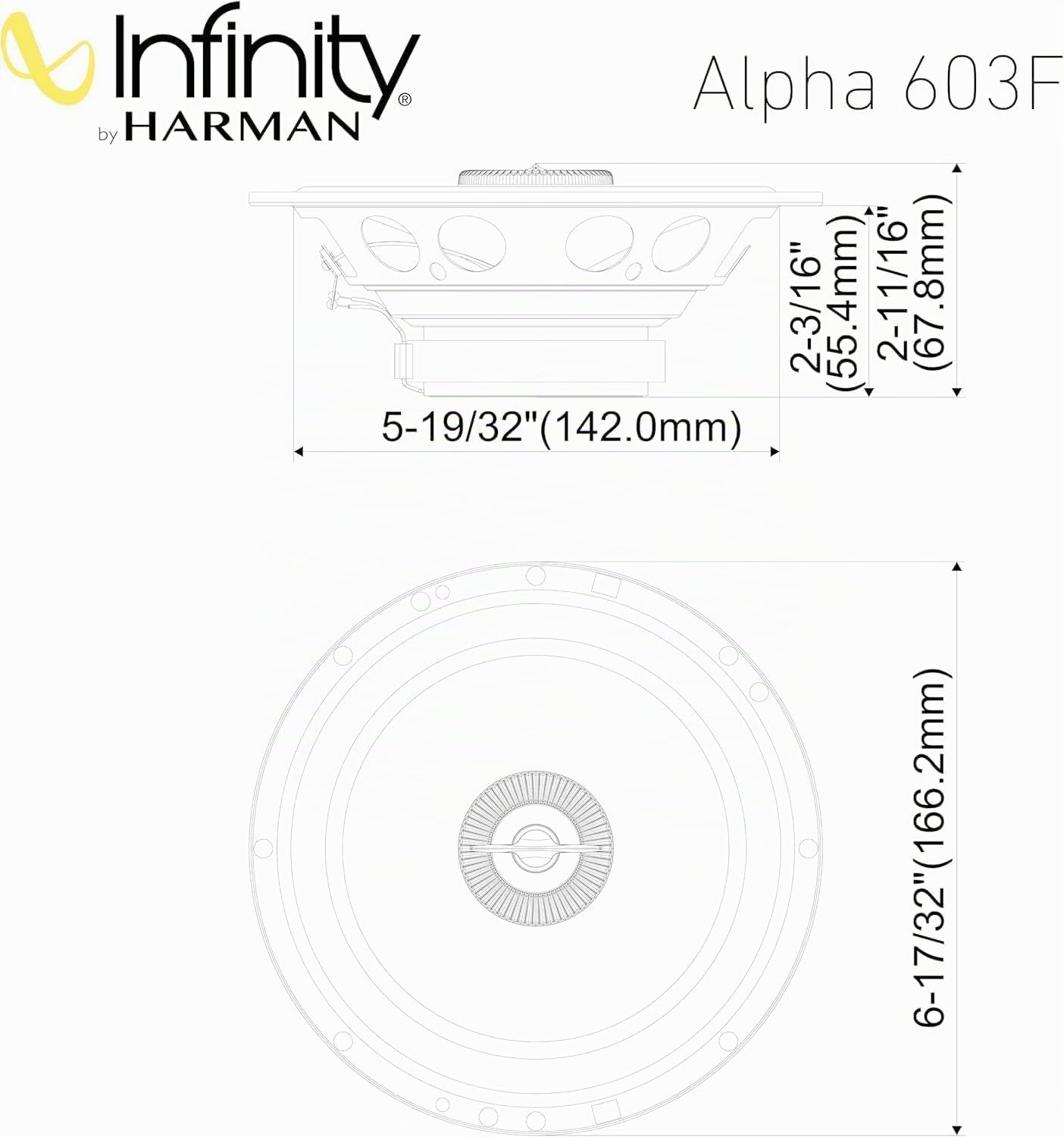 Infinity Alpha 603F Altavoces Coche 6.5 in 16.5 cm Coaxiales 2 Vias Auto | 60W RMS, 480W max, 90 dB - respuesta 55 Hz a 20 kHz - sonido de alto rendimiento - 165 mm sin rejilla, se entregan en pareja