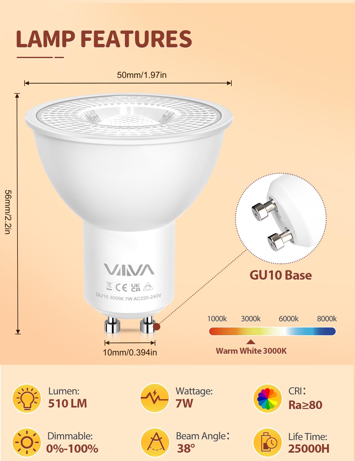 VIIIVA GU10 Led Bulbs Warm White Dimmable-12 Packs,7W 3000K Spotlight Light Bulb, (50W Equivalent) Energy Saving, CRI>80 - Image 3