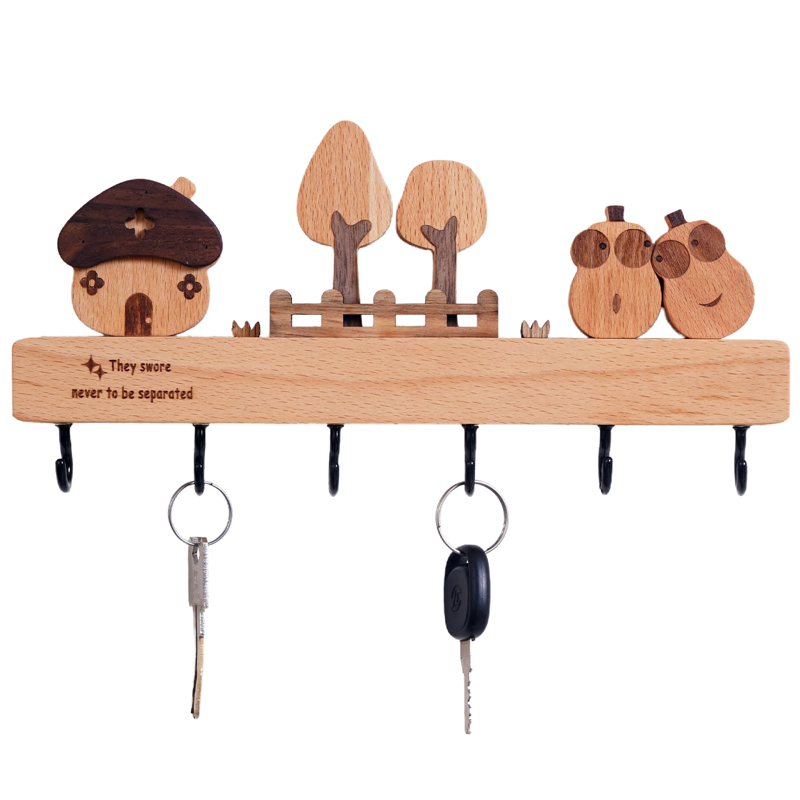 Bonito llavero con estante para pared y 6 ganchos de madera