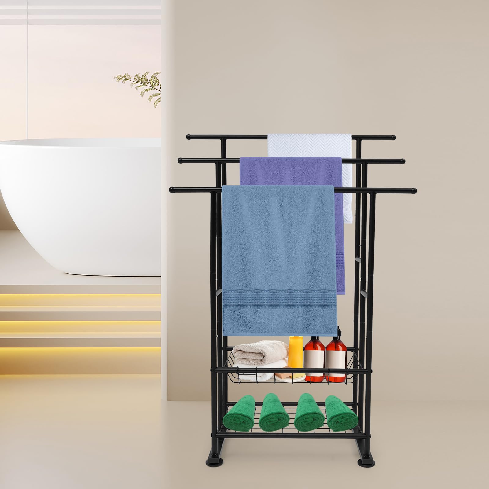Porte-serviettes debout noir avec 3 porte-serviettes et 2 étagères en fer pour chambre à coucher, salle de bain, salon