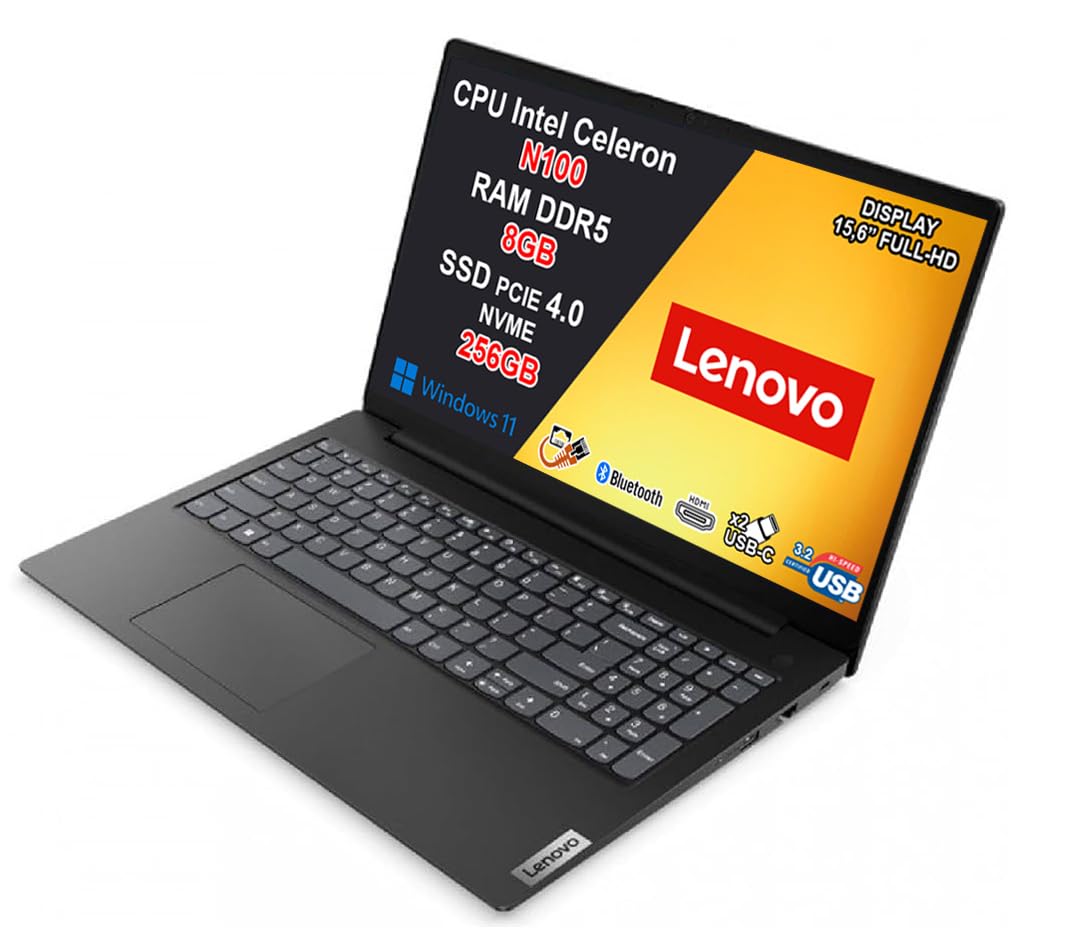 Lenovo V15 G6 Notebook Intel N100 3.4GHz 8GB DDR5 256GB SSD 15.6" Full HD WiFi 6 Windows 11 Pro Nero