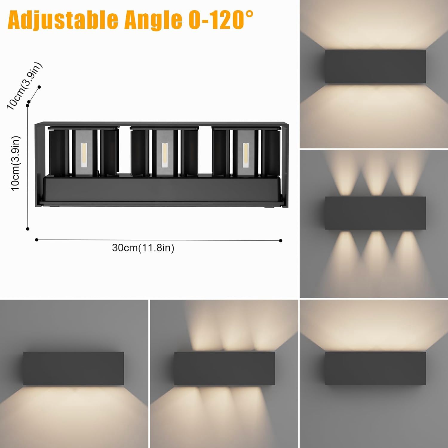 Klighten 30W Applique Mural Intérieur/Extérieur,4000K Blanc Nature Applique Murale,Appliques Murales avec Angle de Faisceau Réglable,Moderne Luminaire Murale,Éclairage Murals Etanche IP65,Noir