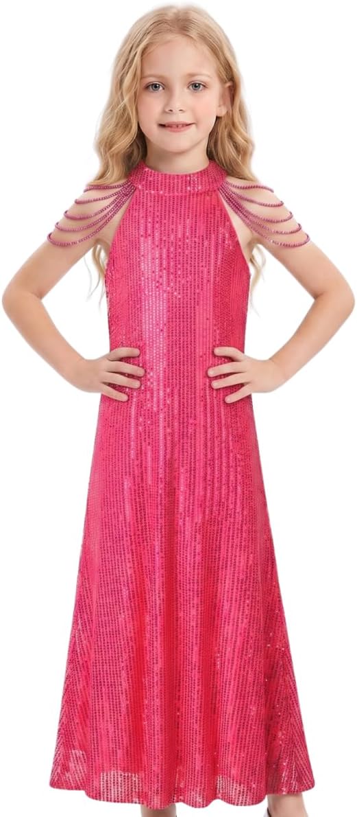 WELAKEN Girls Sequin Dress for Kids Sparkly Halter Neck Sleeveless Casual Party Wedding Twirl Dresses