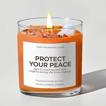 Pumpkin Cinnamon Fall Candle - 10oz Soy Aromatherapy Candle with Crystals and Dried Flowers