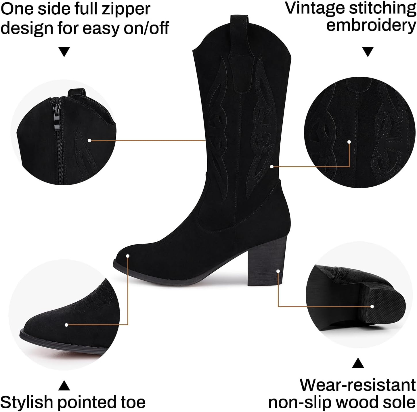 SHIBEVER Cowboy Boots for Women 2025: Mid Calf Cowgirl Boots Western Embroidered Country High Heel Pointed Toe Booties