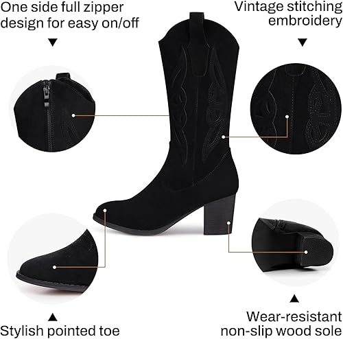 Vista 5 de SHIBEVER Botas vaqueras para mujer 2025 botas vaqueras a media pantorrilla con bordado occidental de tacón alto y punta puntiaguda