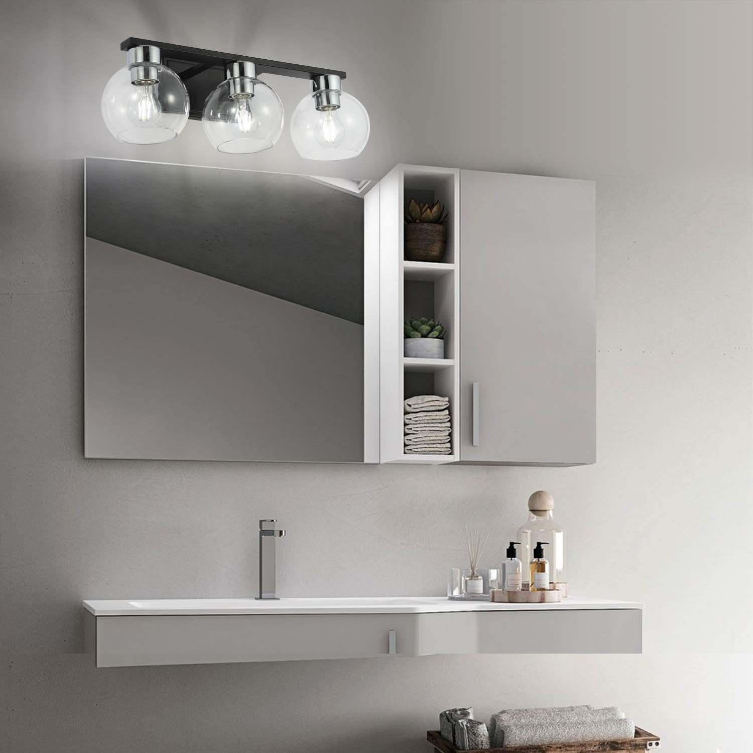 Bathroom Vanity Light, HOPSON 22in 3-Light Black Vanity Lighting Fixture E26 Glass Wall Scone Lighting for Mirror Cabinet, Dressing Table - - 