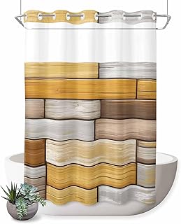 No Hooks Shower Curtain, Vintage Yellow Brown Wood Board Waterproof Shower Curtains with See Through Top Window, American Pastoral Retro Wooden Washable Bathroom Curtain,60x72IN