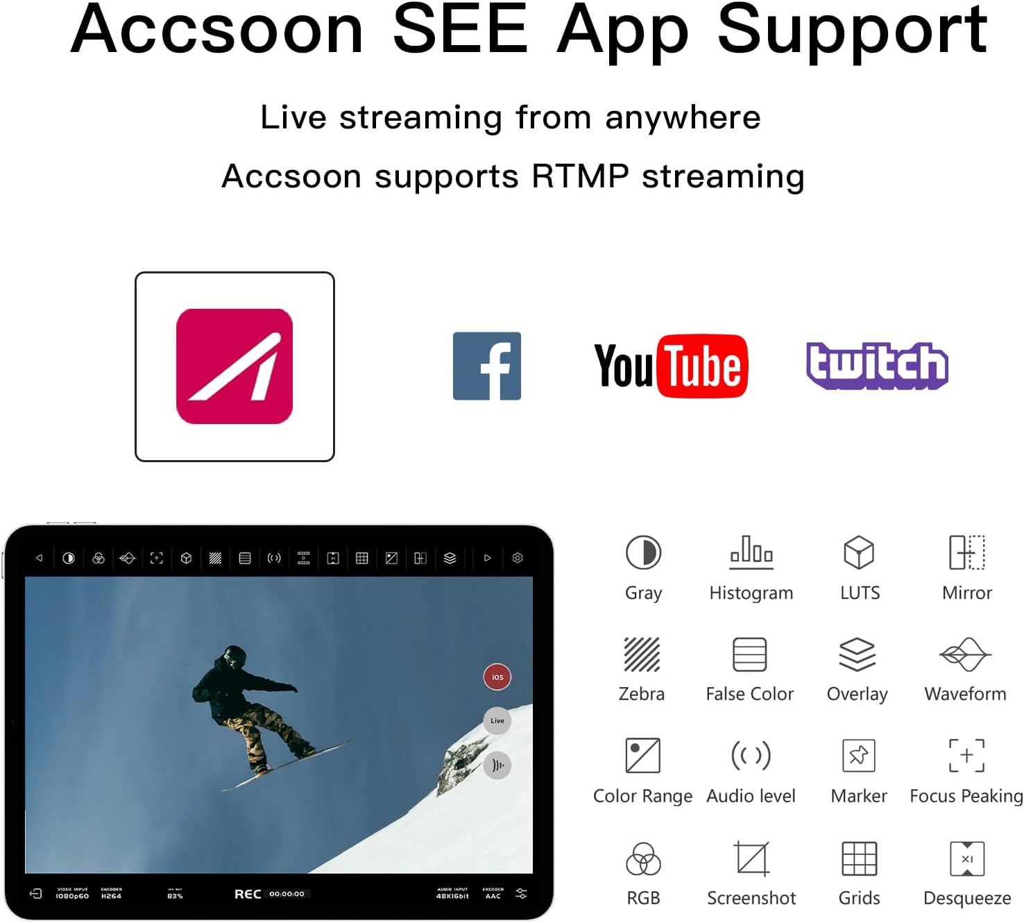 Accsoon SEE app interface showing various monitoring tools like Gray, Histogram, LUTs, Mirror, Zebra, False Color, Overlay, Waveform, Color Range, Audio Level, Marker, Focus Peaking, RGB, Screenshot, Grids, Desqueeze.