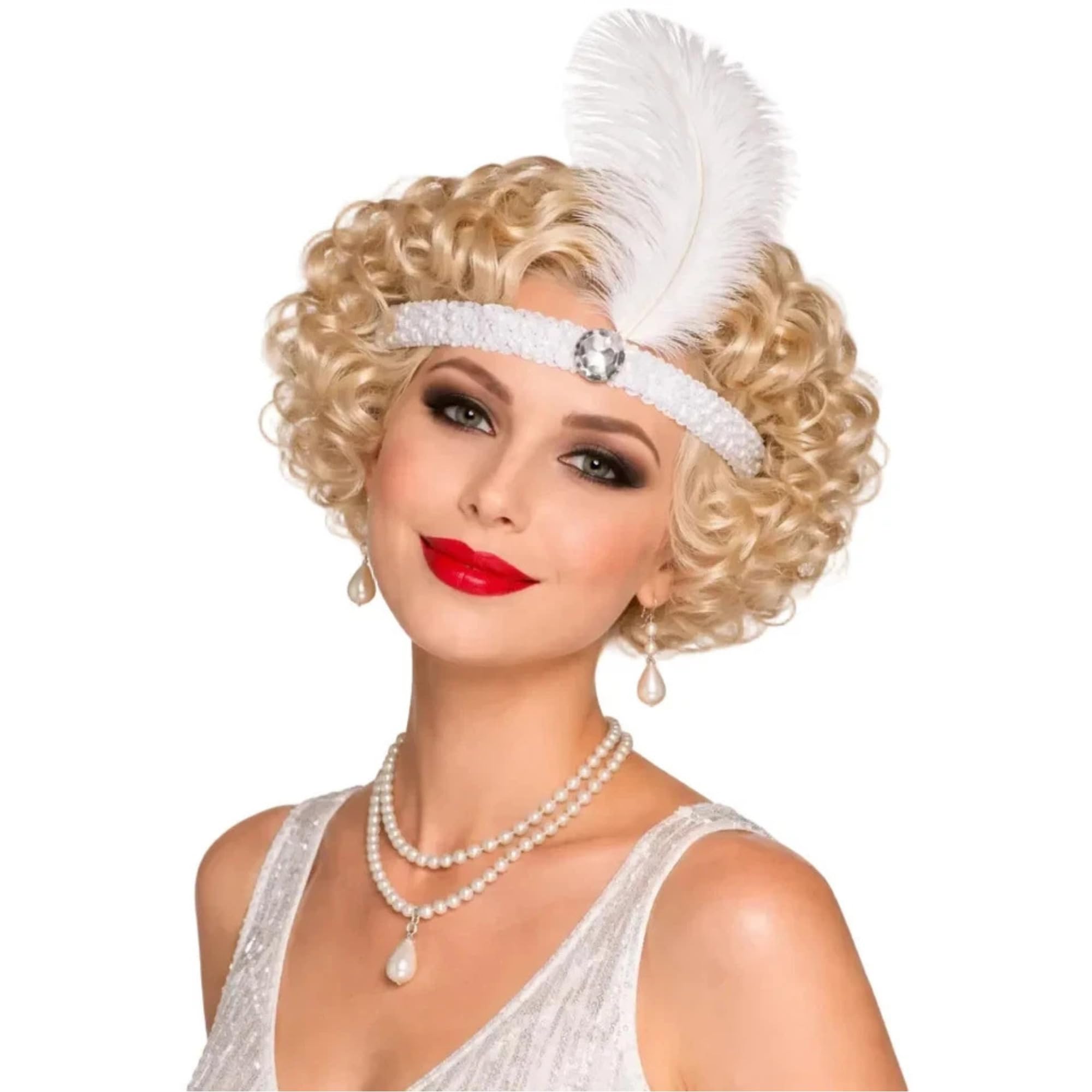 Mystic City 1920s Flapper Headband Feather Sequin Gatsby Charleston Fancy Dress Party Hair Accessory for Women Vintage Roaring Twenties Costume Headpiece (White)