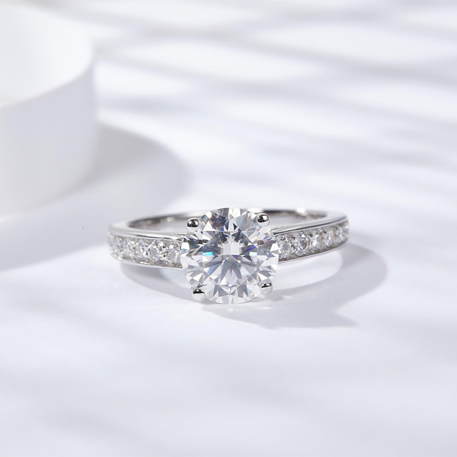 Anello di fidanzamento da donna, fantasia, anello indice da donna, 4 artigli con taglio rotondo da 2 carati, moissanite in argento 925, misura 57 (18,1)
