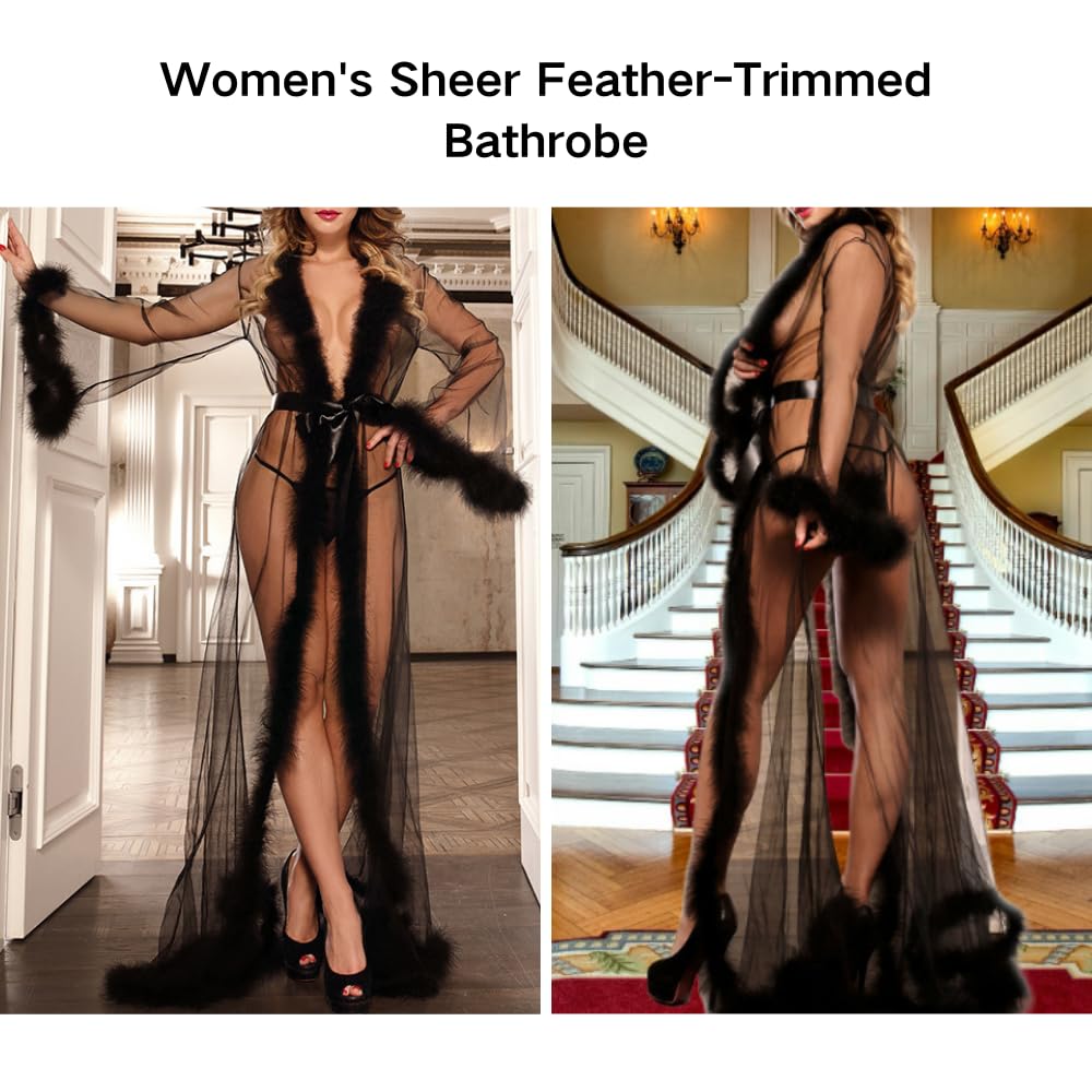 Femme Sexy Plumes Peignoir De Bain Transparent Maille Kimono Robe Col en V Mariée Nuisette Extra Longue Cache-Maillot Perspective Dentelle Lingerie Légère Bikini Cover Up Pyjamas