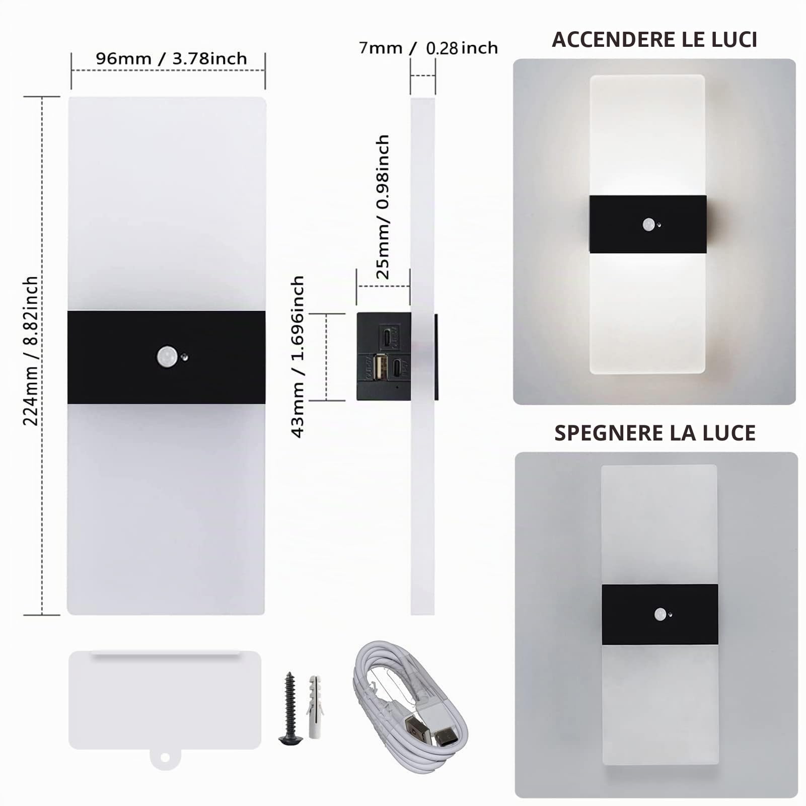 VOMI Applique LED da Parete Interno con Sensore di Movimento, Lampada da Parete Senza Fili Ricaricabile Luce da Parete a Batteria 4000 mAh Adesiva Illuminazione da Parete 2 Pezzi 6000K